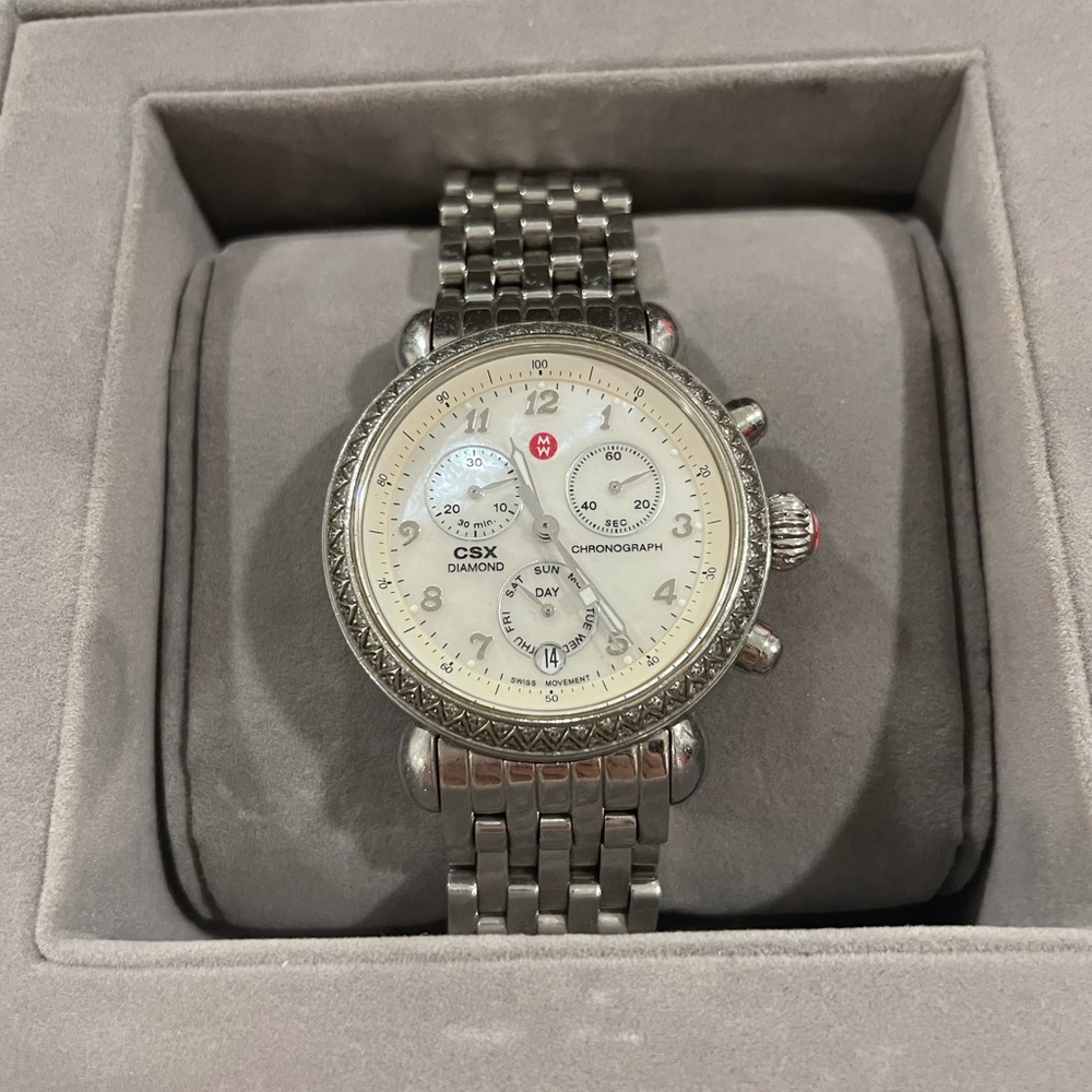 Michele CSX Pre-Owned Stainless Steel Chronograph Round Diamond Bezel Watch